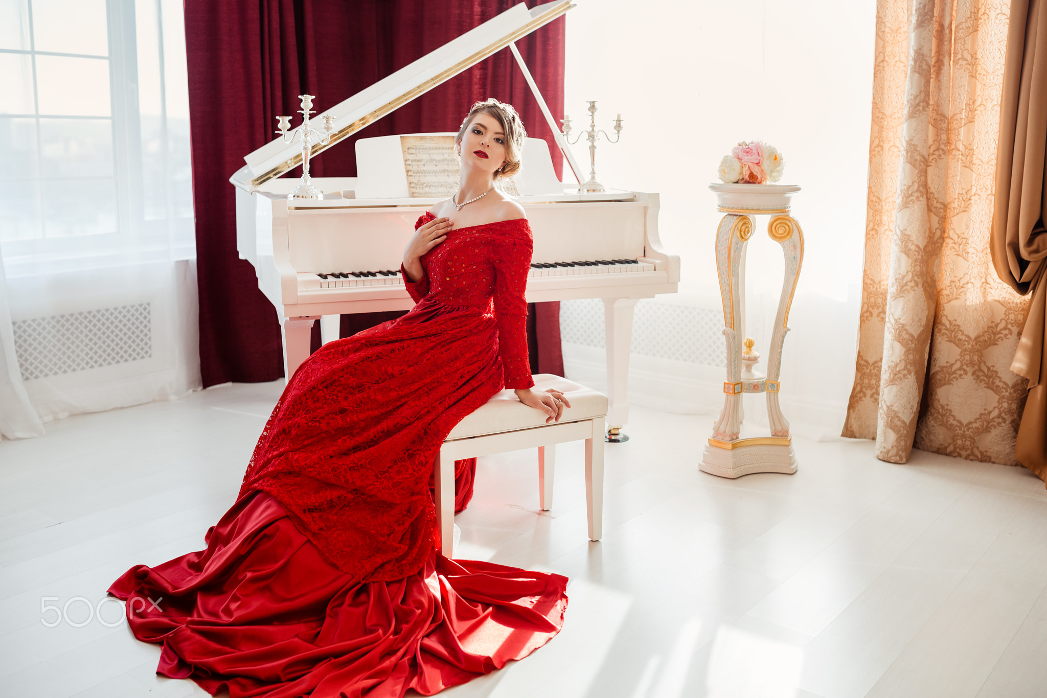 Woman in a red evening dress