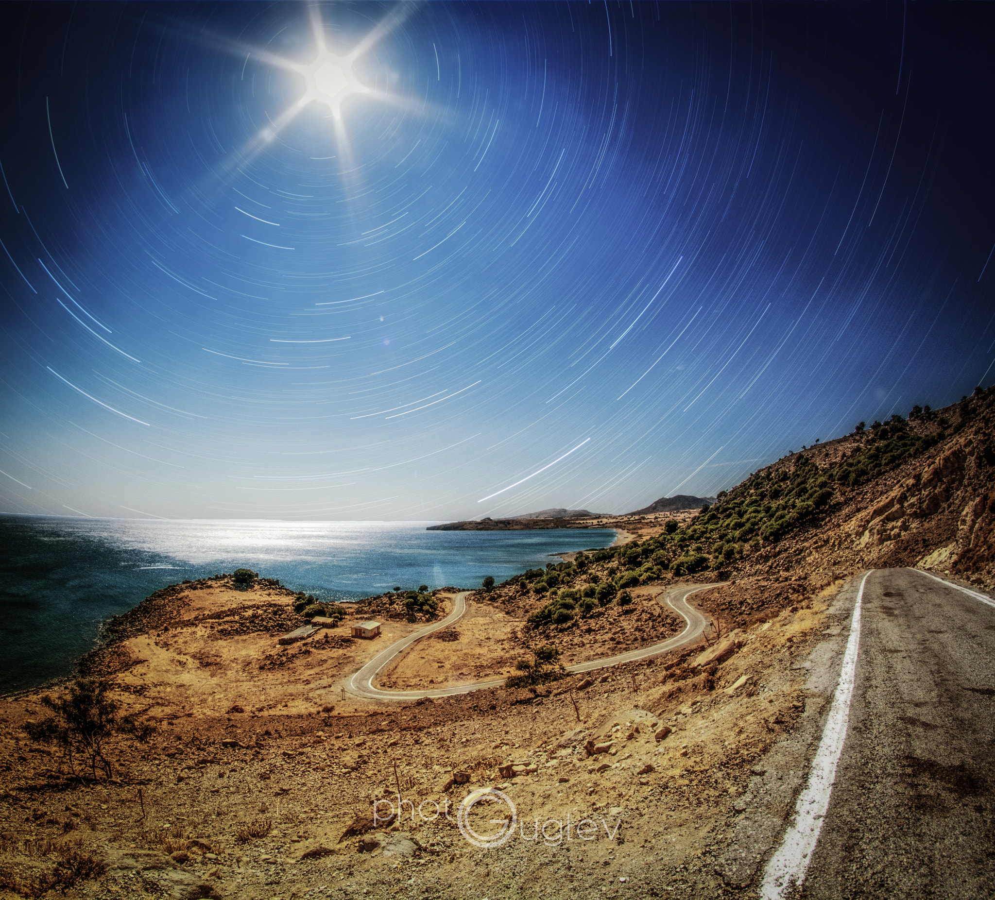 Nikon D5200 + Samyang 8mm F3.5 Aspherical IF MC Fisheye sample photo. Panorama road with star trails photography