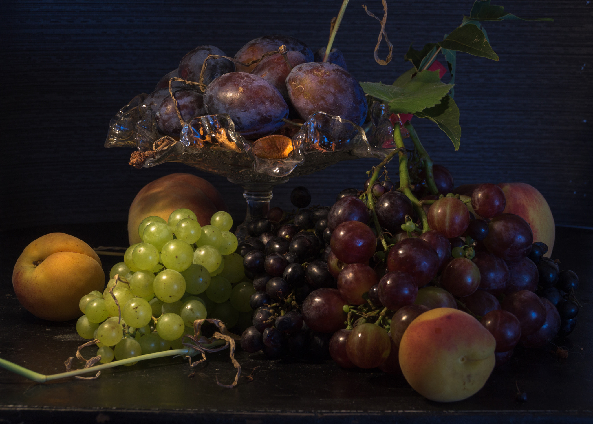 Sony SLT-A37 sample photo. Still life with peaches, plums and grape photography