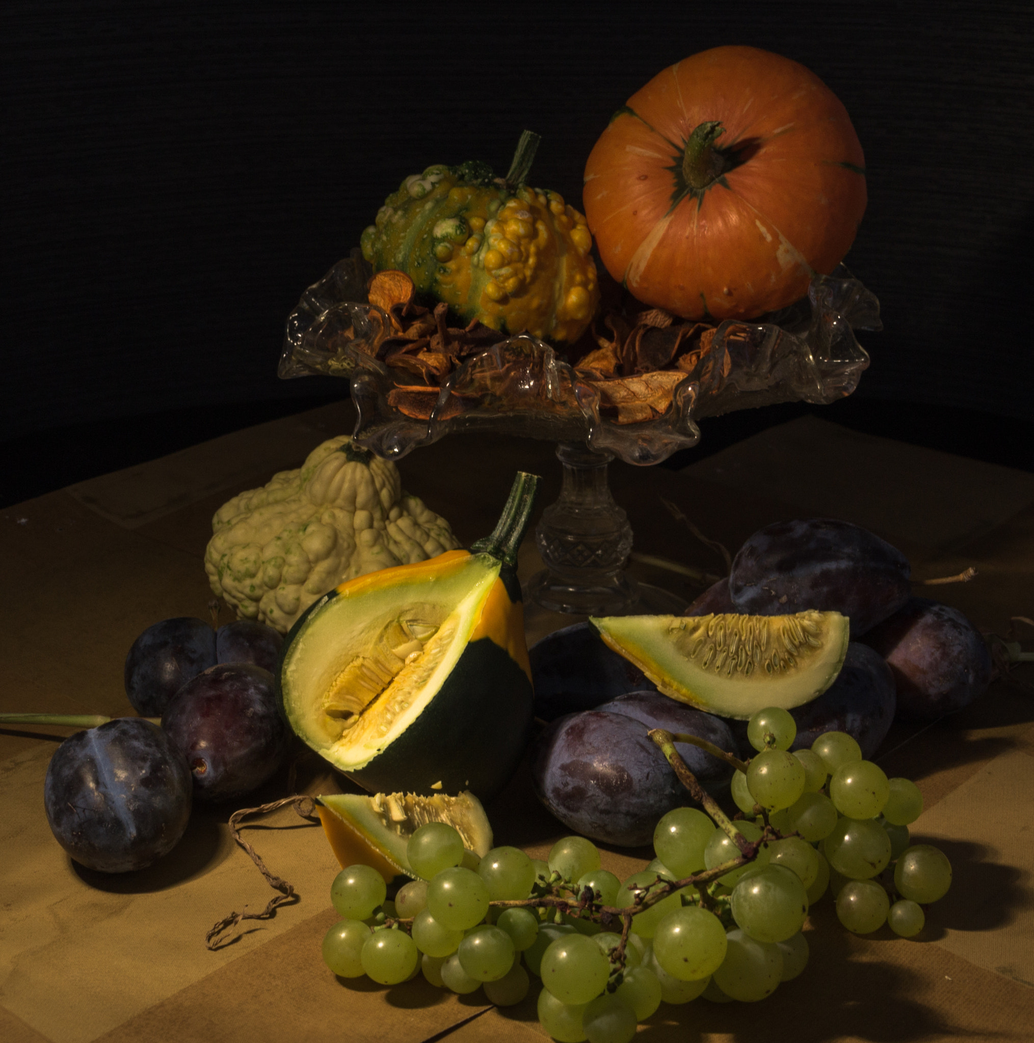 Sony SLT-A37 sample photo. Still life with pumpkins, plums and grape photography