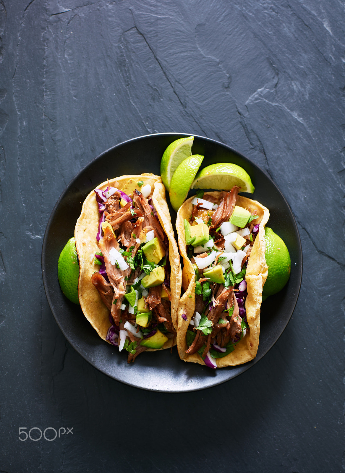 Phase One P65+ sample photo. Top down photo of two mexican carnitas tacos on pl photography