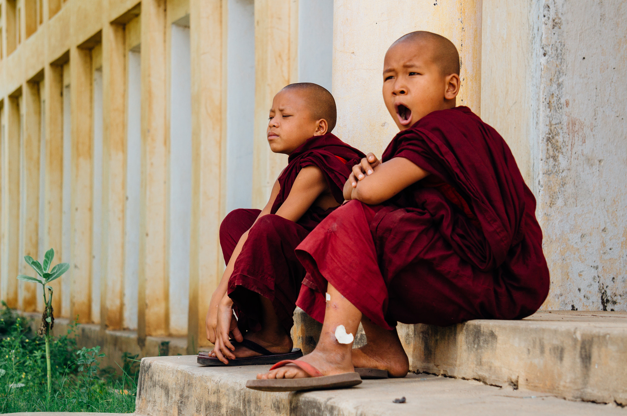 Sony Alpha NEX-3N + Sony E 55-210mm F4.5-6.3 OSS sample photo. Sleepy young monks photography