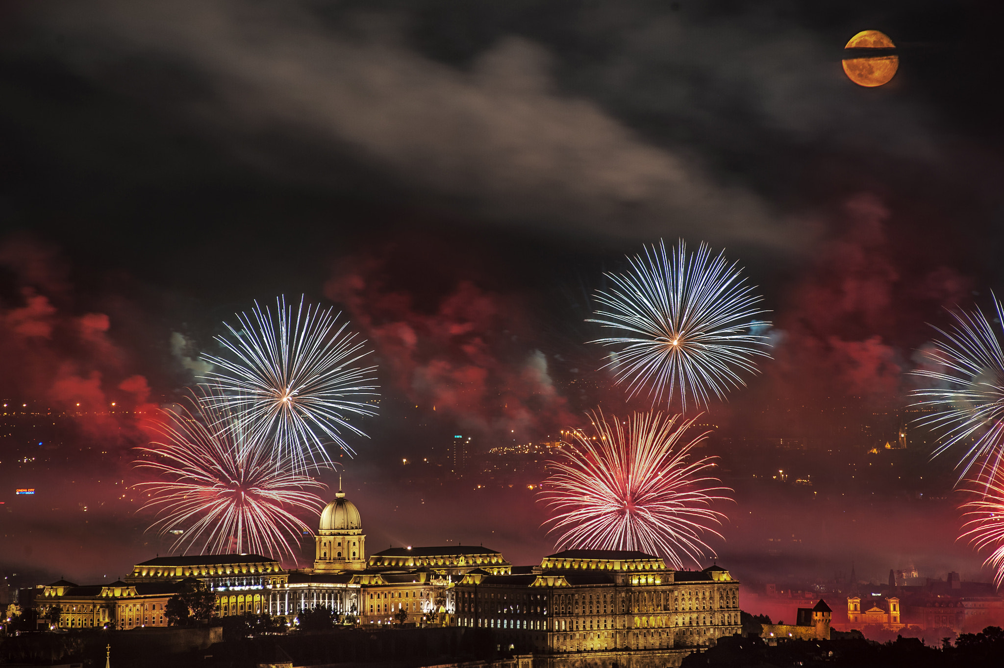 Sigma 70-300mm F4-5.6 APO DG Macro sample photo. Fireworks and the moon photography