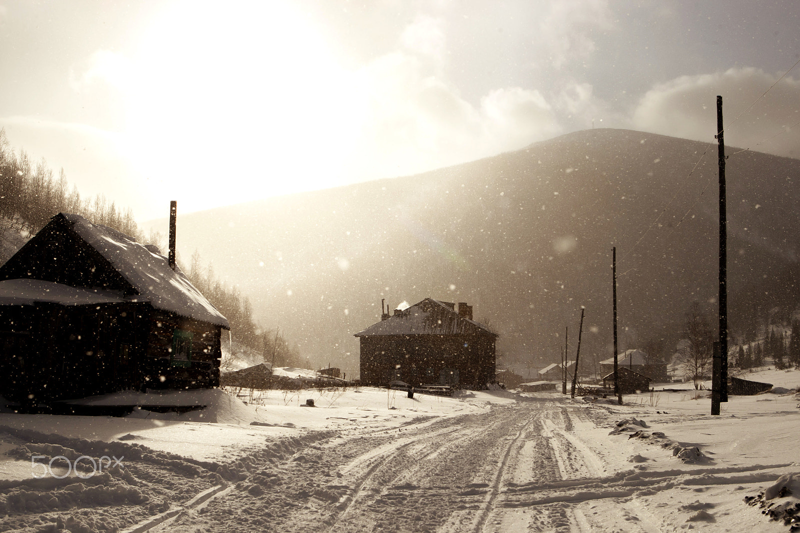 Canon EOS-1D Mark III sample photo. Snowy misty village street photography