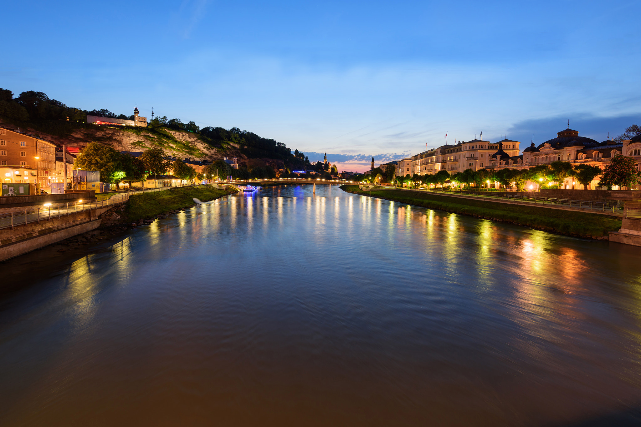 View from Salzach River in Salzburg, Austria. Famous place (Unesco Heritage) Festung...