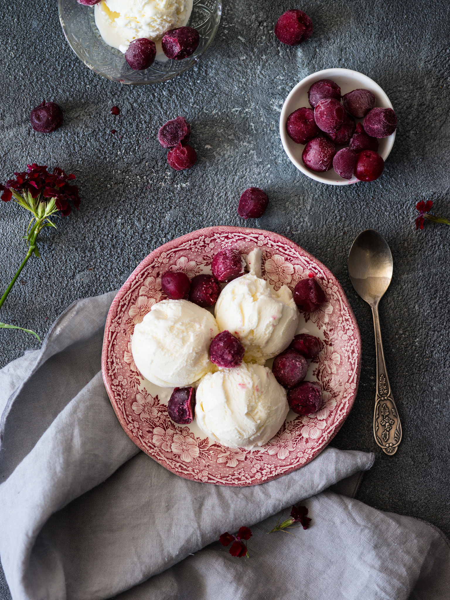 Sony a99 II + Sony 100mm F2.8 Macro sample photo. Ice-cream with frozen cherries photography