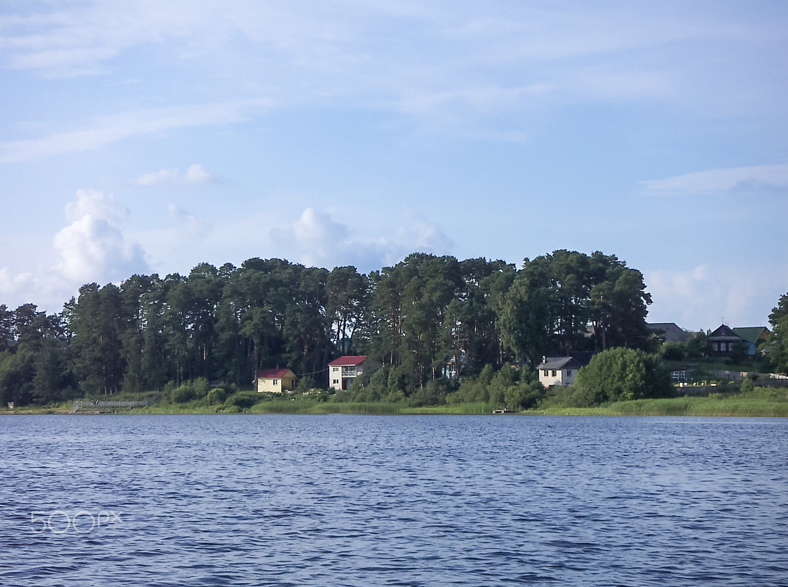 KONICA MINOLTA DiMAGE X31 sample photo. Lake landscape with houses and pine forests photography