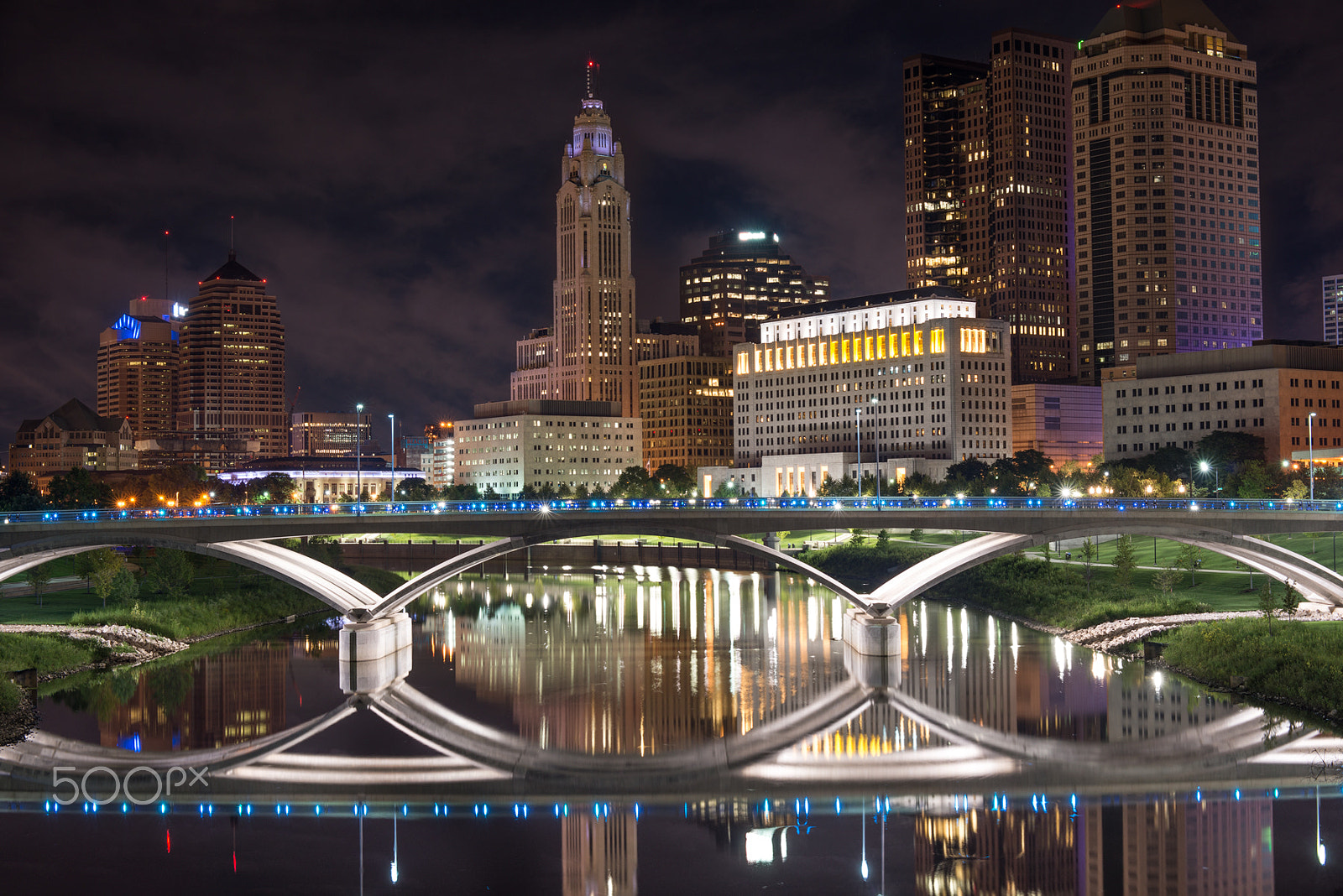 ZEISS Makro-Planar T* 50mm F2 sample photo. Scioto river columbus downtown skyline at night photography