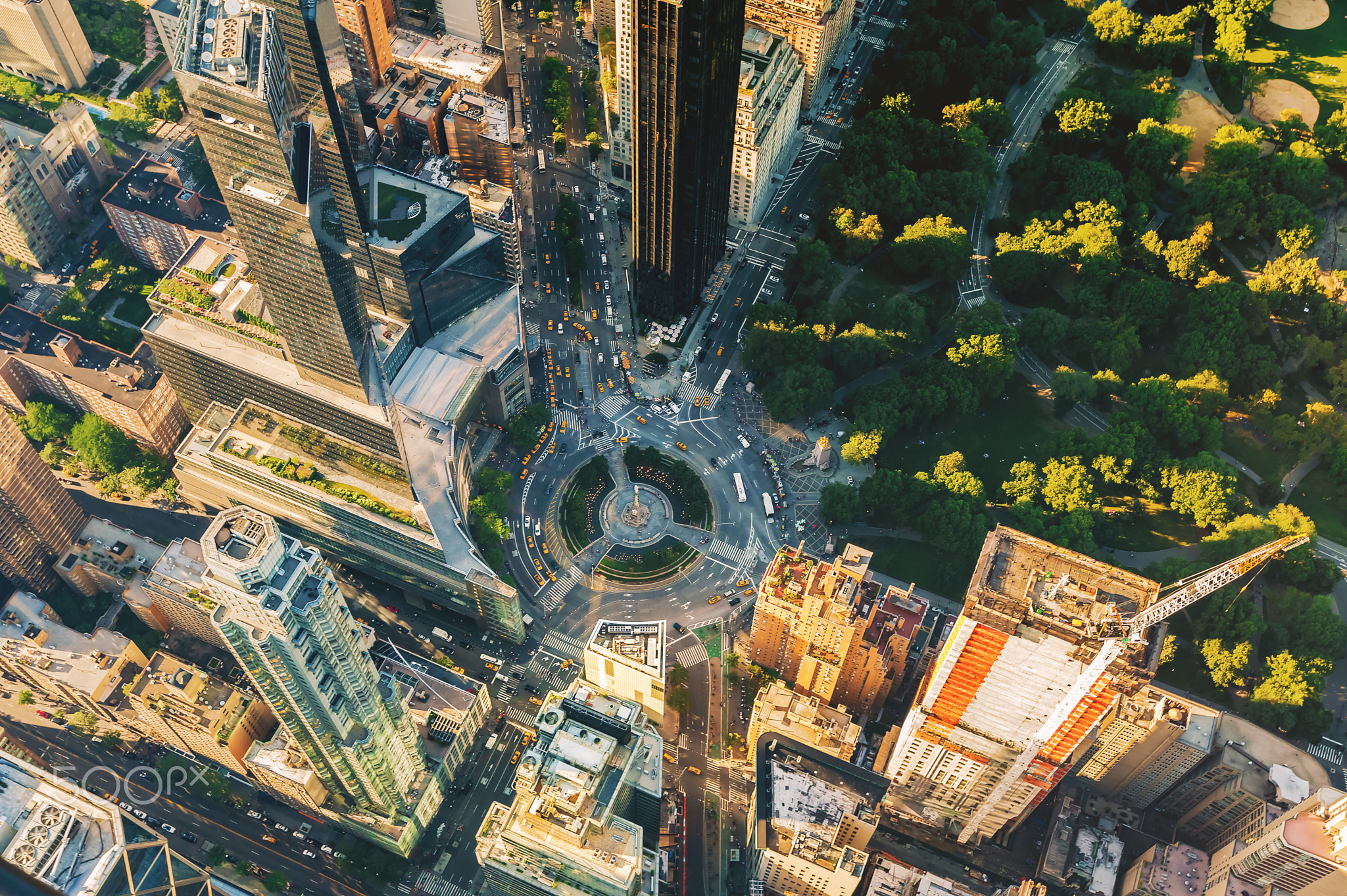 Aerial view of Columbus Circle and Central Park in NY City