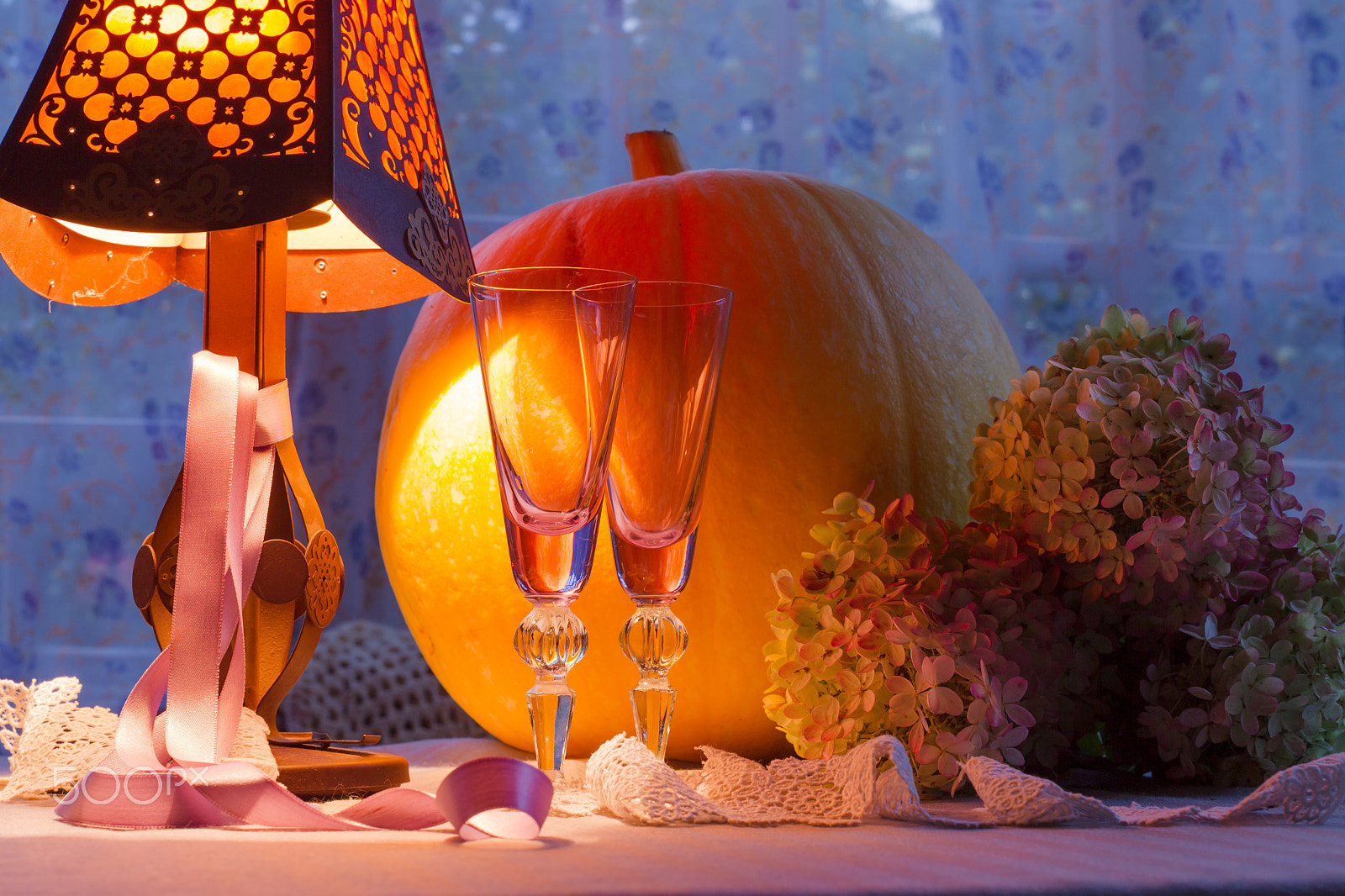 Canon EOS-1D Mark IV sample photo. Pumpkin, glass cups, hydrangea, fonr and lamp warm light. romant photography