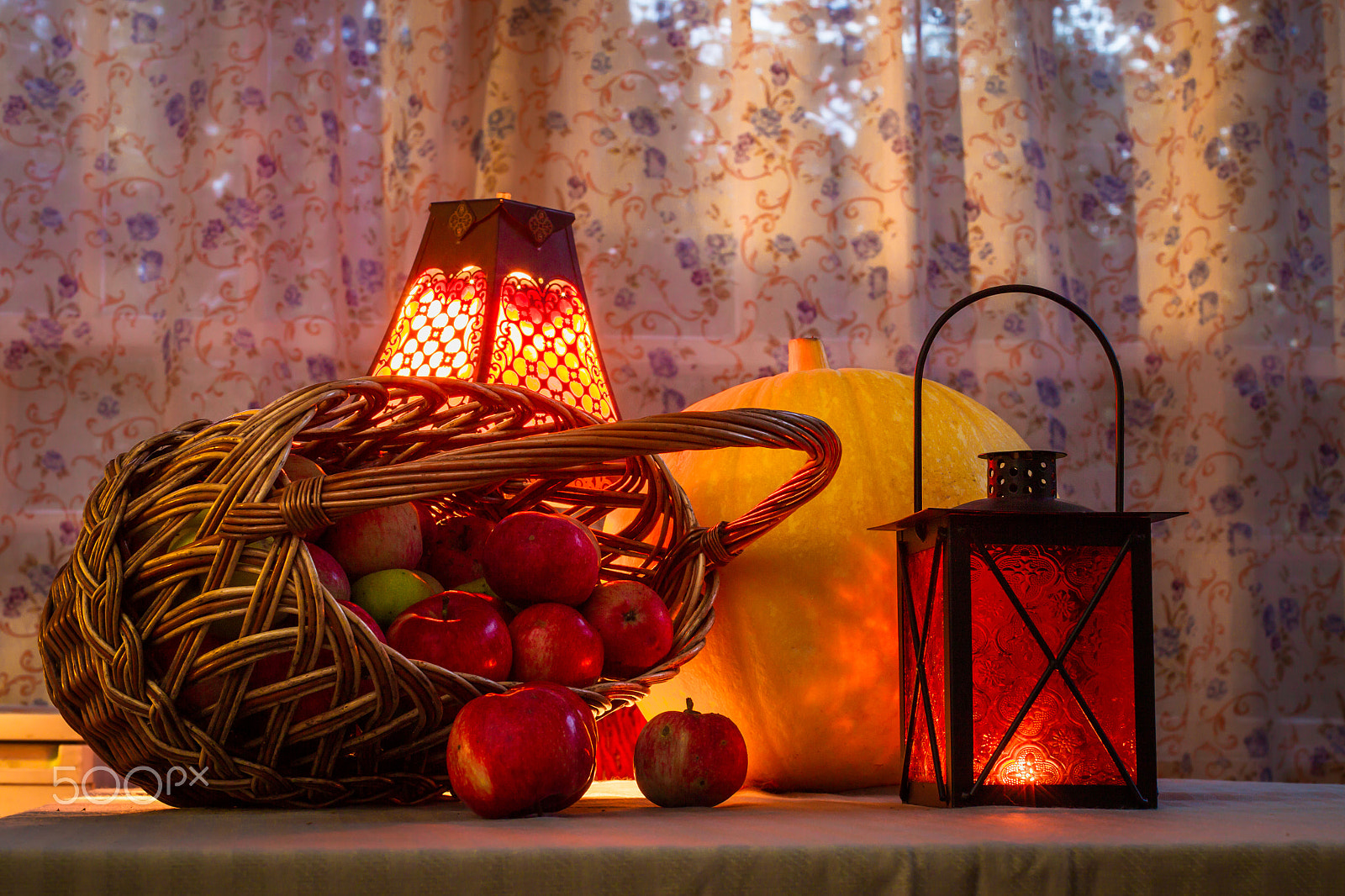 Canon EOS-1D Mark IV sample photo. Attributes the mysterious halloween - apples and pumpkins in the warm light of the lamps and... photography
