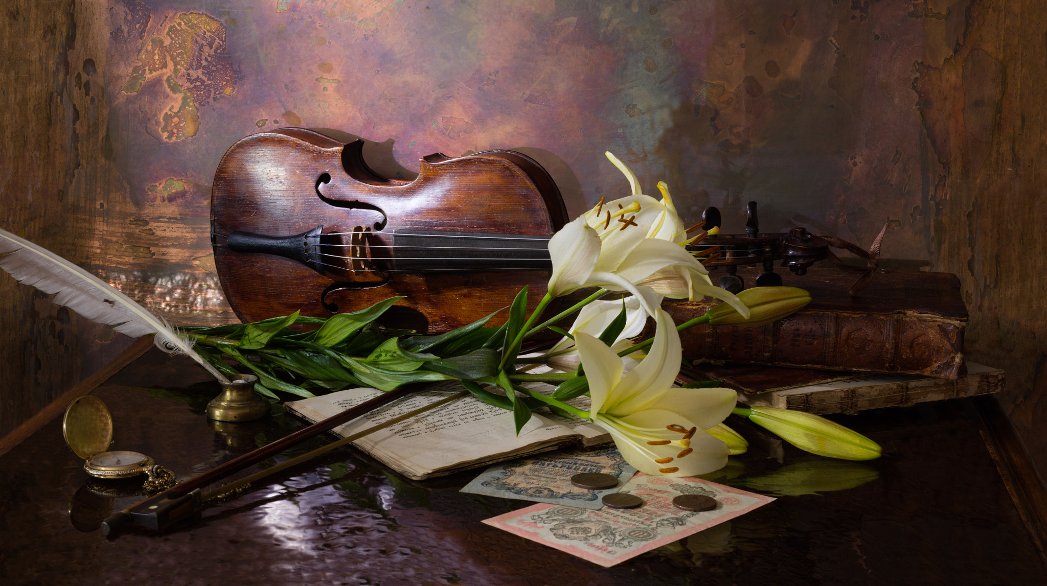 Canon EOS 5DS + Canon EF 50mm F1.4 USM sample photo. Still life with violin and lily photography