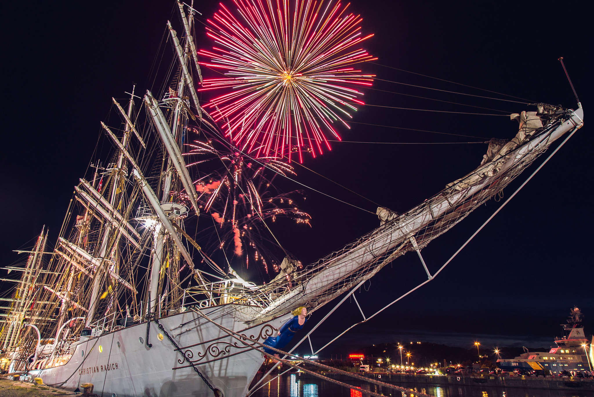 Sony a7S sample photo. Tall ship race fireworks photography