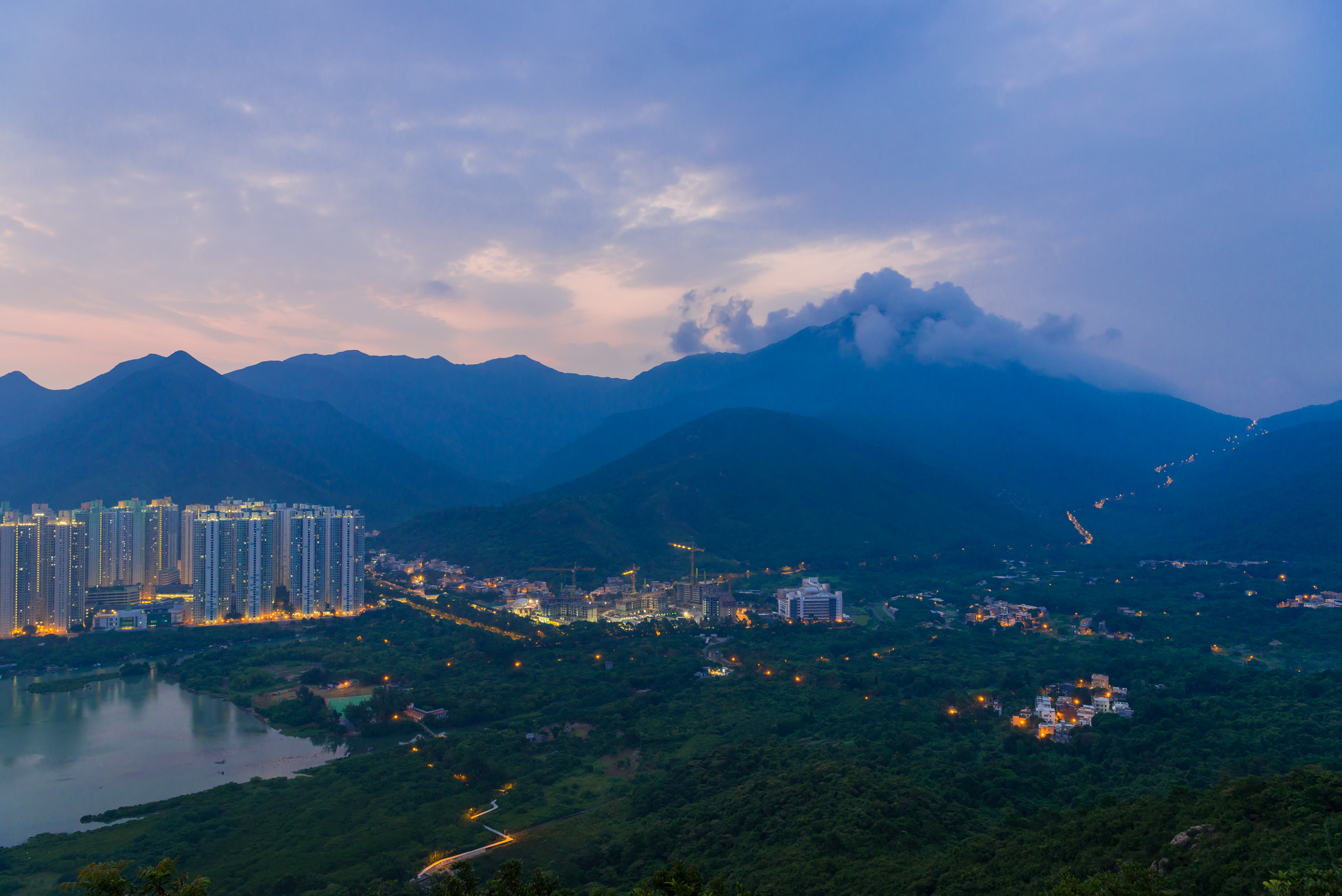 Nikon D800E + Nikon AF-S Nikkor 24-70mm F2.8E ED VR sample photo. Mountain landscape at sunrise time in downtown of tung chung,hongkong photography