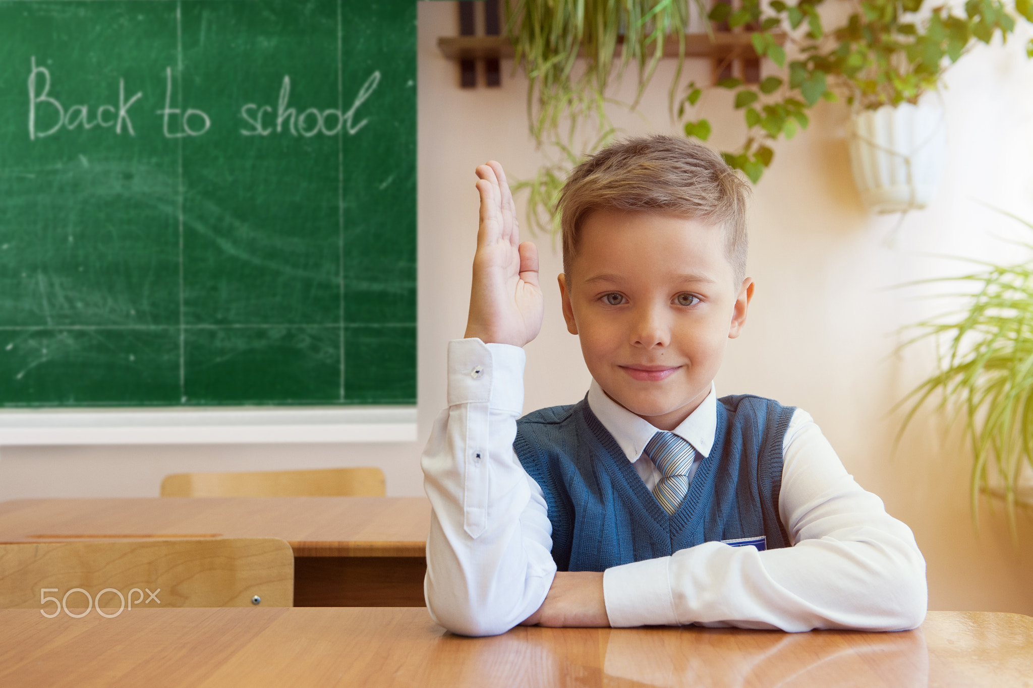Happy schoolboy sitting at desk