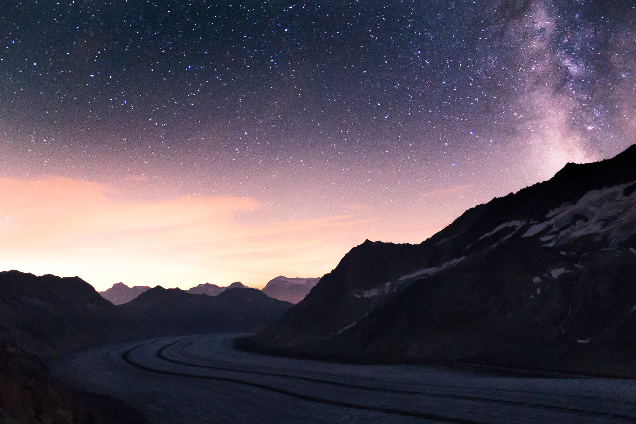 Sony a7S II + Sony 70-400mm F4-5.6 G SSM sample photo. Aletsch glacier at night photography