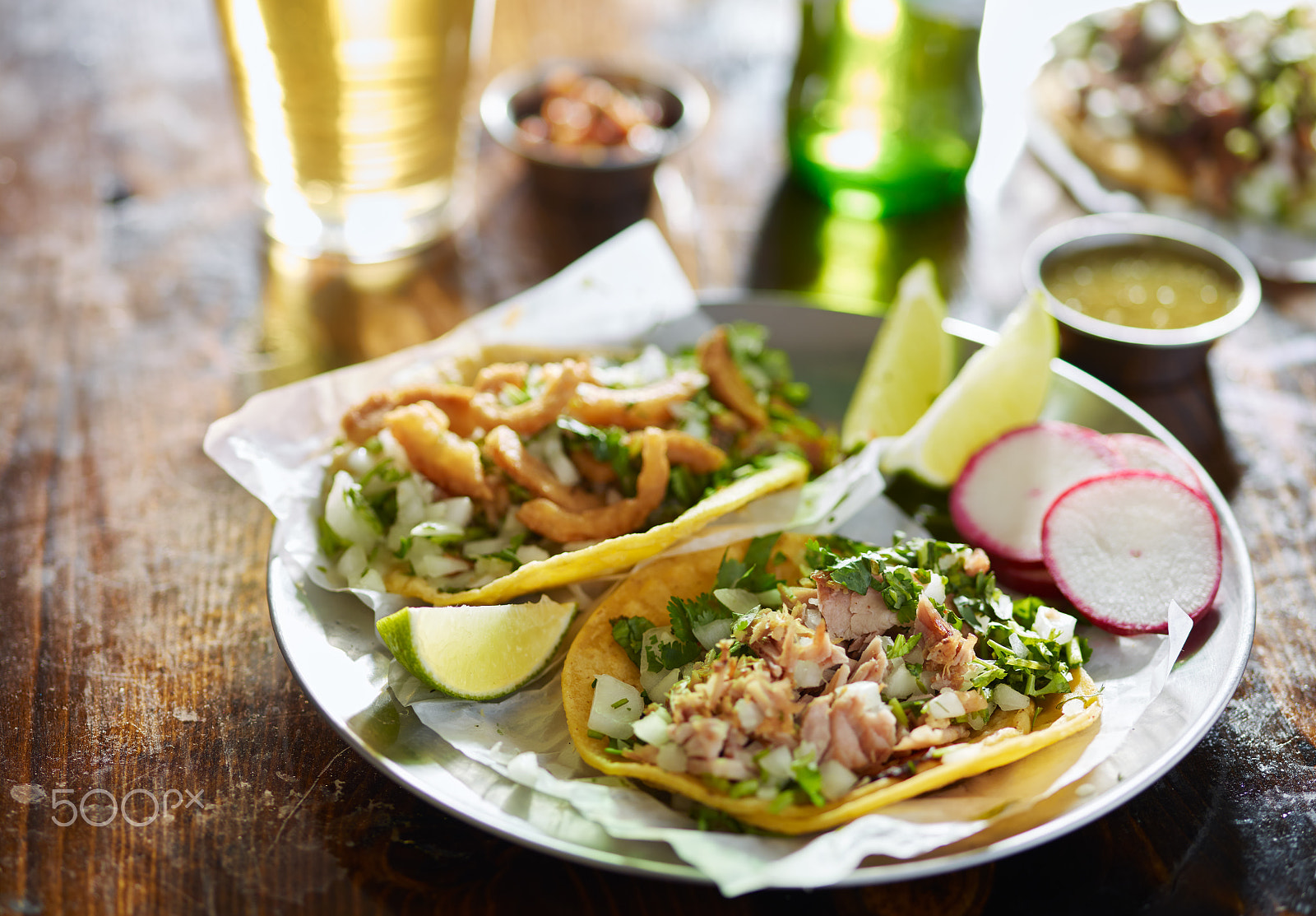 Phase One P65+ sample photo. Two mexican street tacos with chopped pork and chicharrón photography