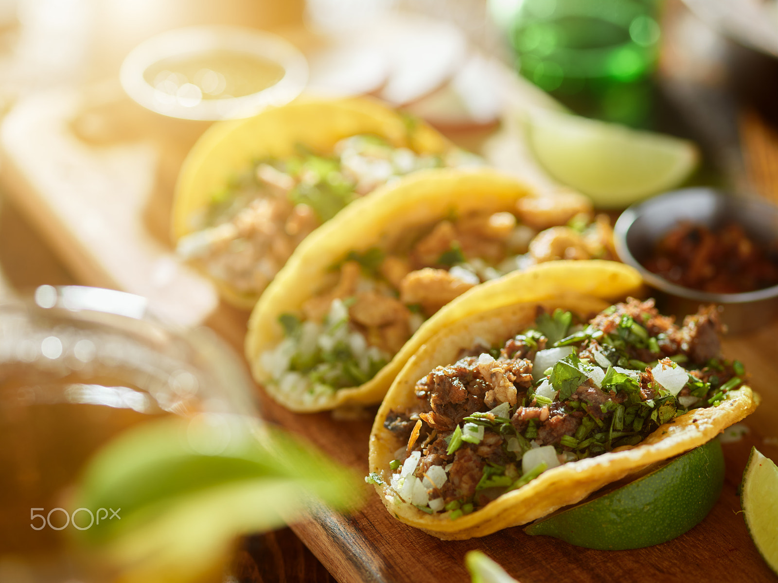 Phase One P65+ sample photo. Three types of mexican street tacos with barbacoa, carnitas and chicharrón, shot with lens flare... photography