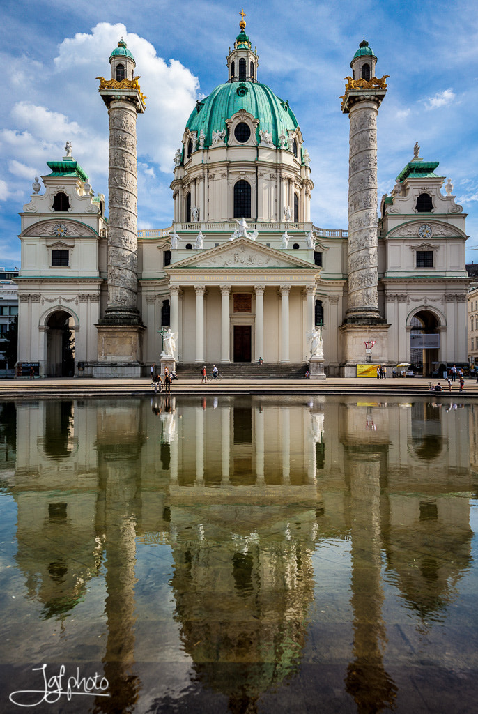 Canon EOS 50D + Canon EF 24-70mm F4L IS USM sample photo. Karlskirche reflection photography