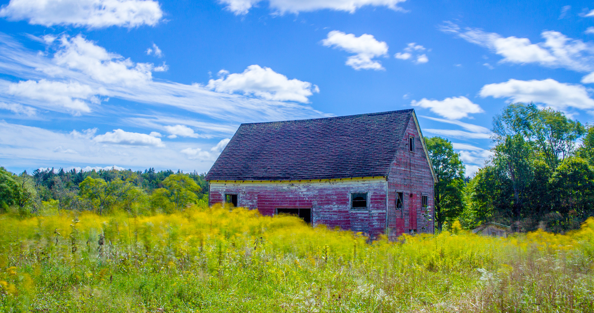 Canon EF-S 24mm F2.8 STM sample photo. Red barn on a windy day photography