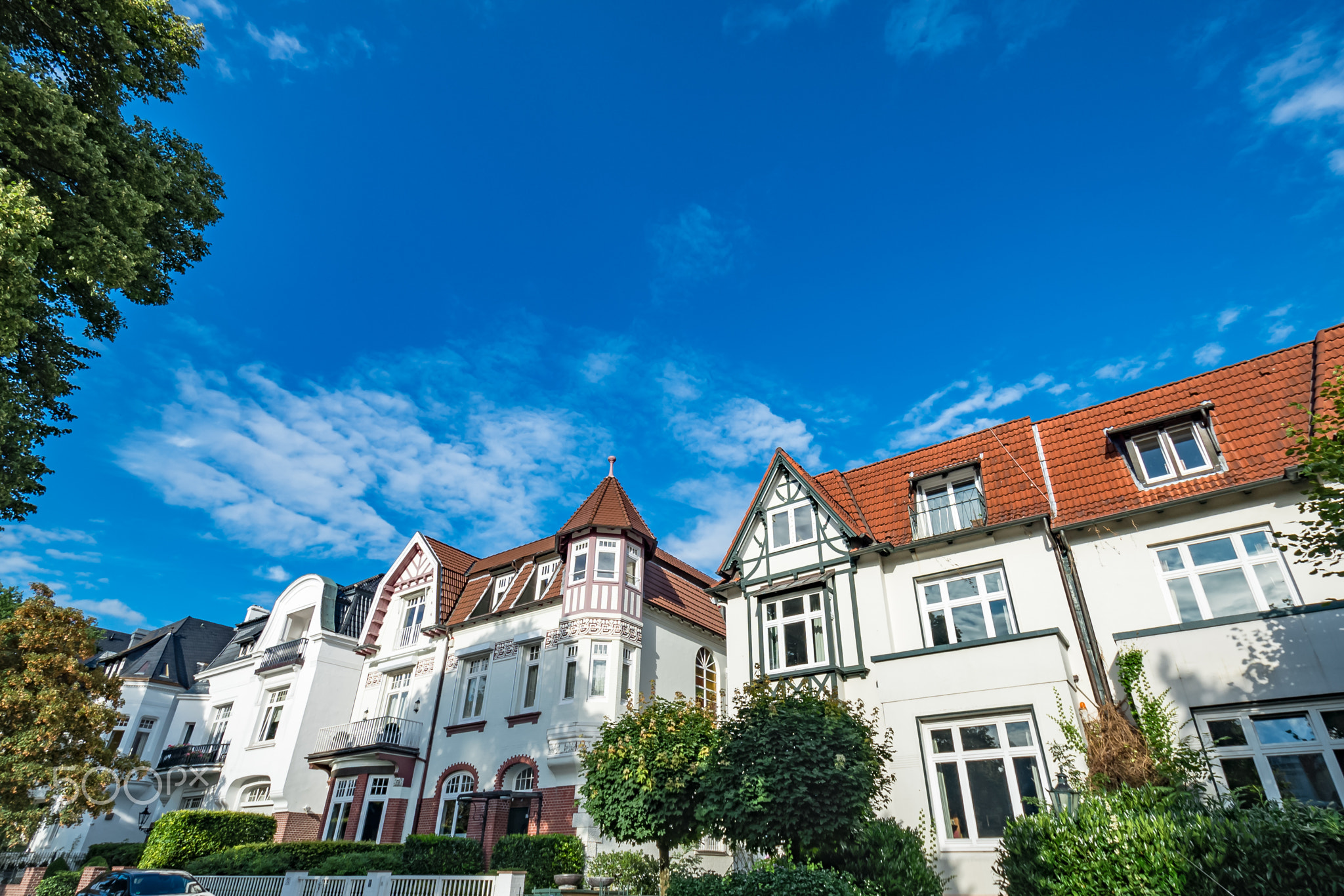 Architectural buildings along the Alster canal in Hamburg Germany