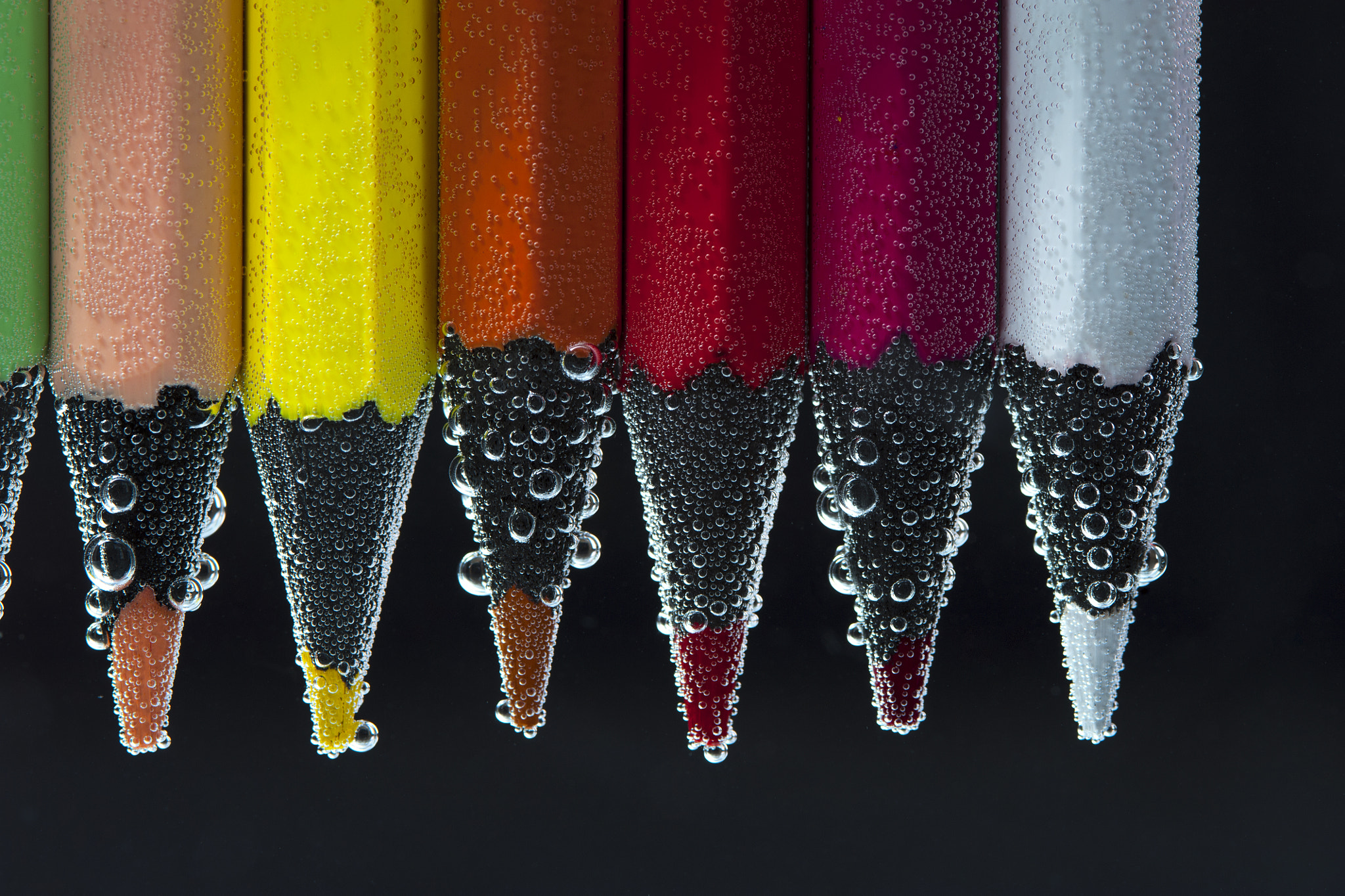 Nikon D700 + AF Micro-Nikkor 105mm f/2.8 sample photo. Bright colorful pencils in soda water photography