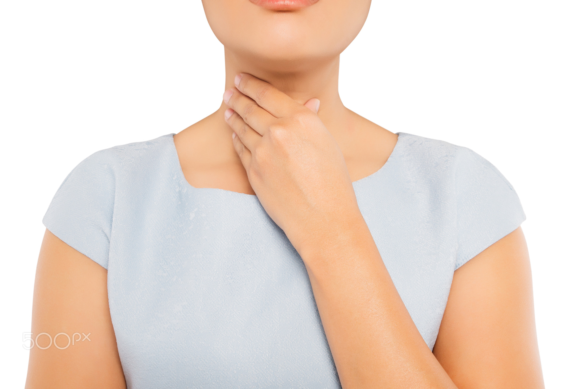 Sore throat woman on white background