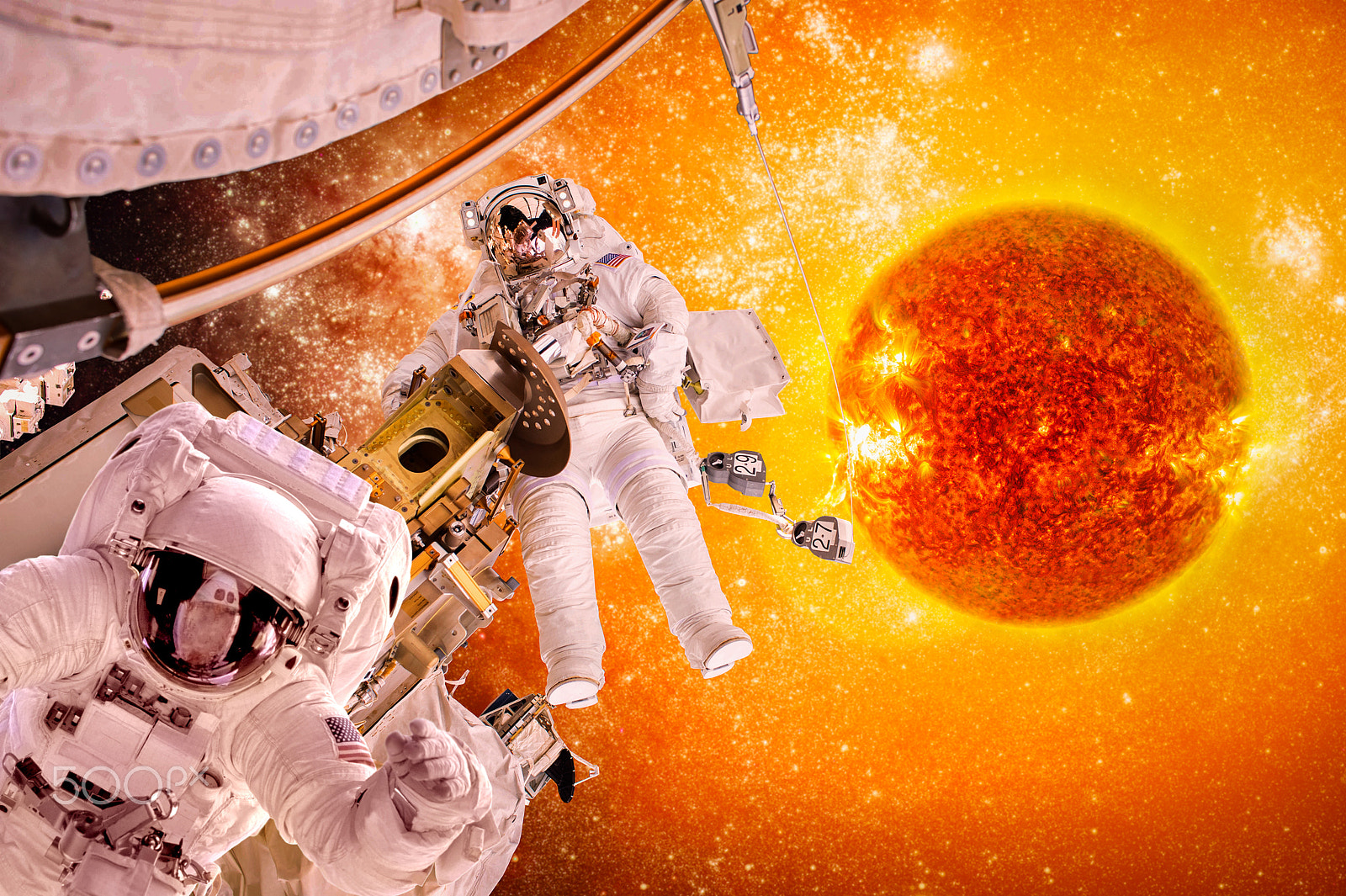 Nikon D4 sample photo. Spacecraft and astronauts in space on background sun star photography