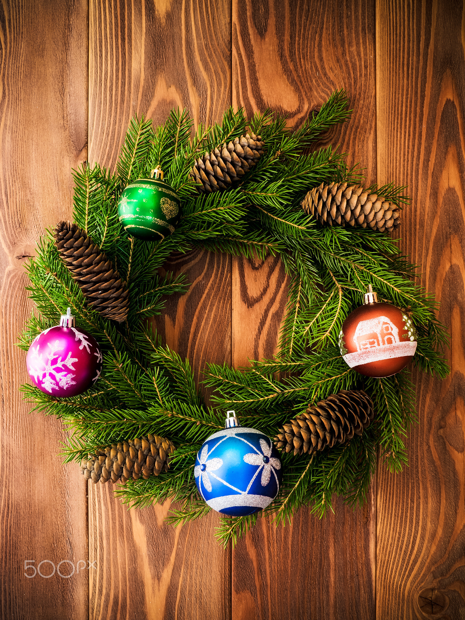 Wreath on the wooden board. Christmas and New year concept