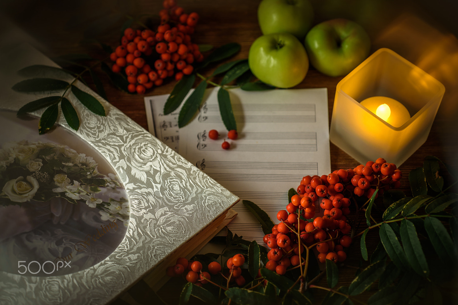 AF Micro-Nikkor 60mm f/2.8 sample photo. Painting. still life with notes, flowers, fruit, rowan on wood background. it can be used to... photography