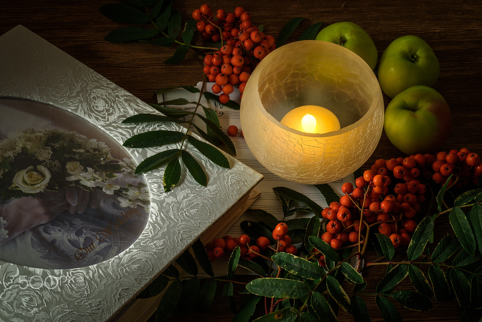 Nikon D750 + AF Micro-Nikkor 60mm f/2.8 sample photo. Painting. still life with notes, flowers, fruit, rowan on wood background. it can be used to... photography