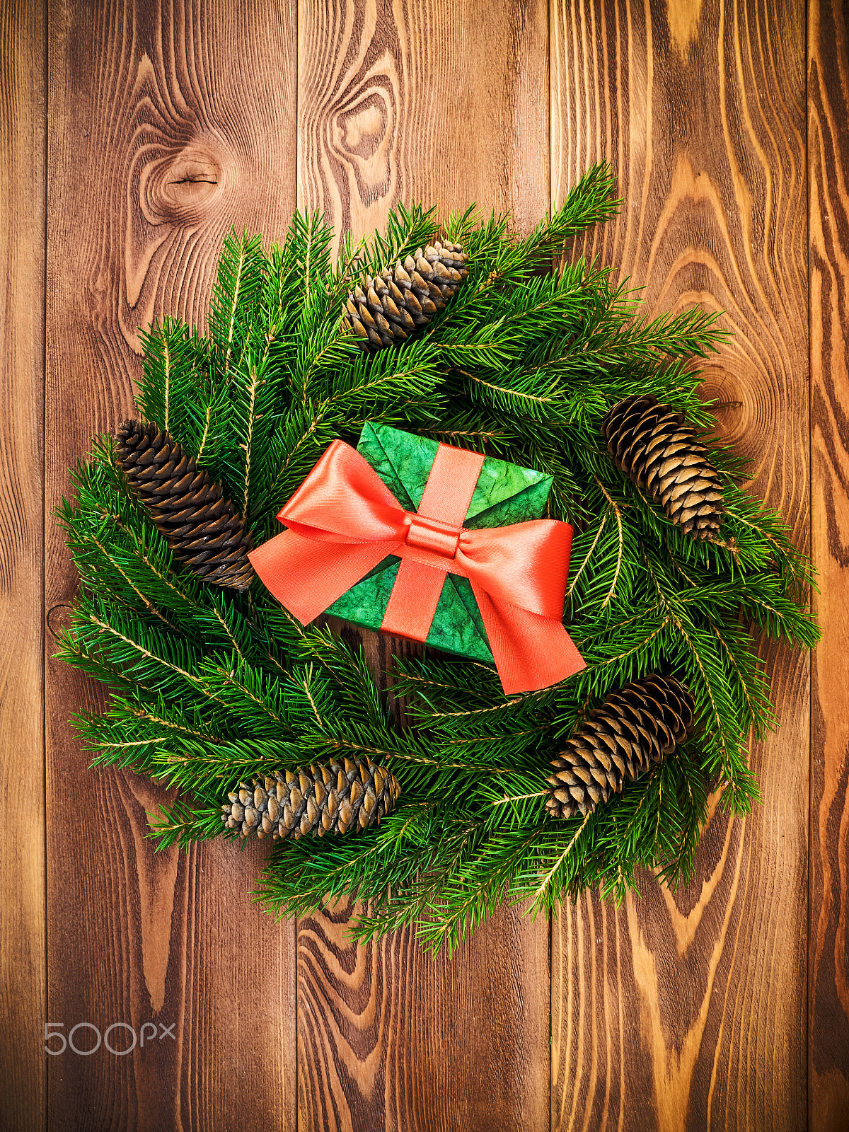 OLYMPUS 14-54mm Lens sample photo. Wreath on the wooden board. wrapped gift box. christmas and new year concept photography
