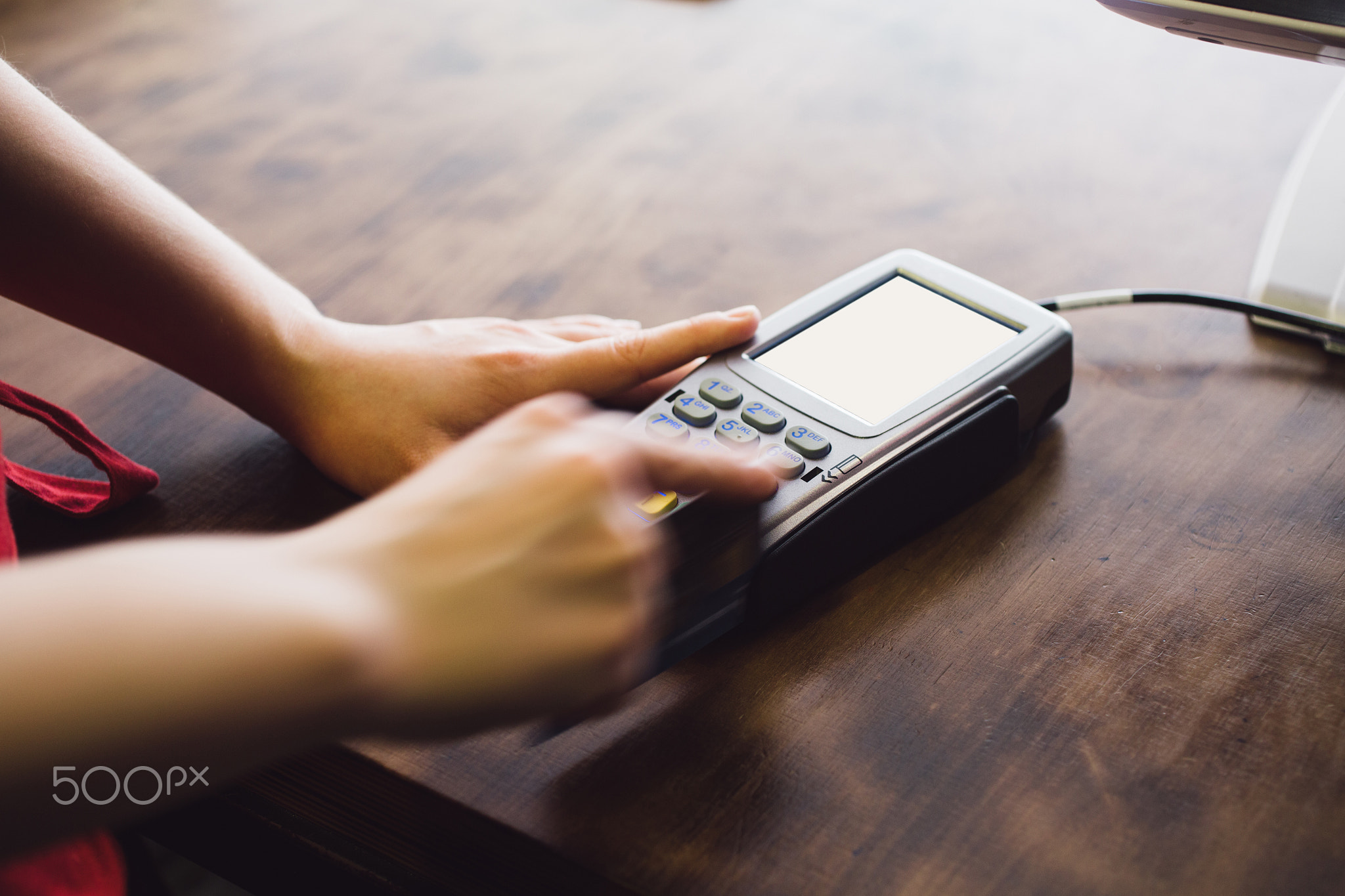 Female hand inserts the credit card into the terminal