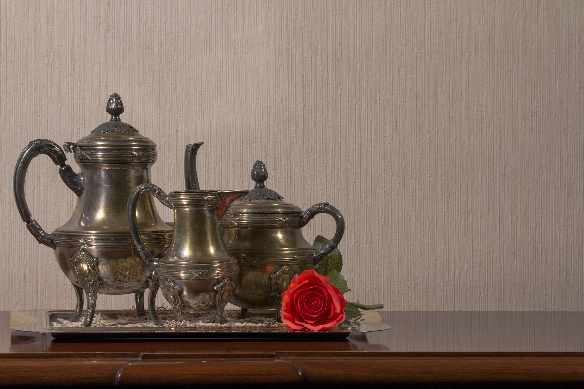 Sigma 70-200mm F2.8 EX DG OS HSM sample photo. Tea set and red rose on left side photography