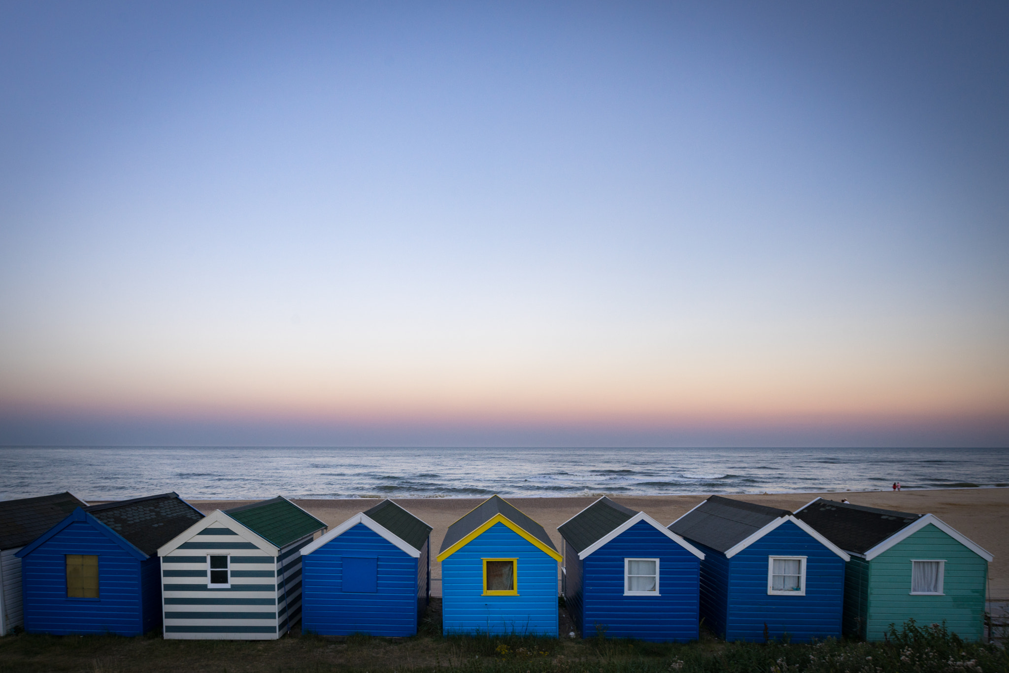 Sony a7 sample photo. Southwold beach huts at dusk photography