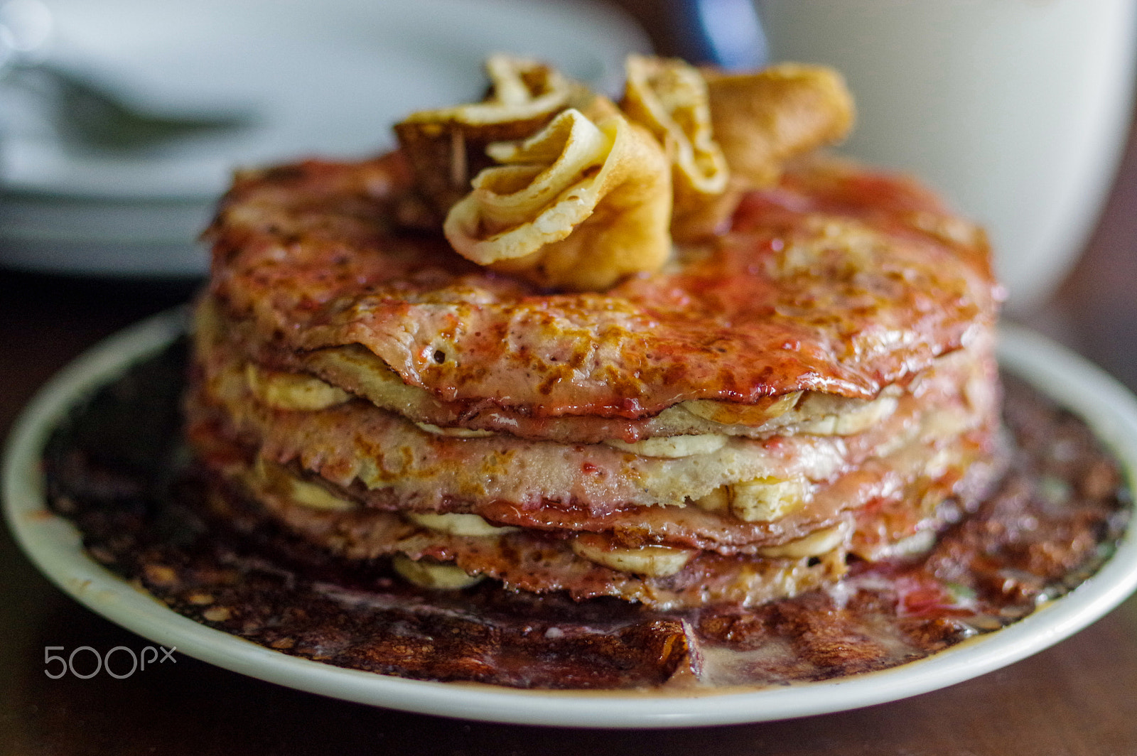 Pentax K-3 sample photo. Closeup of a stack  banana nut pancakes photography