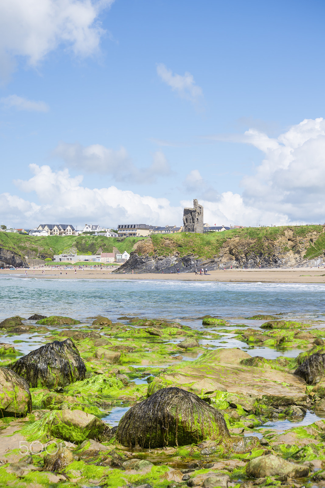 Sigma 70-300mm F4-5.6 APO DG Macro sample photo. Seaweed covered rocks with castle and beach photography