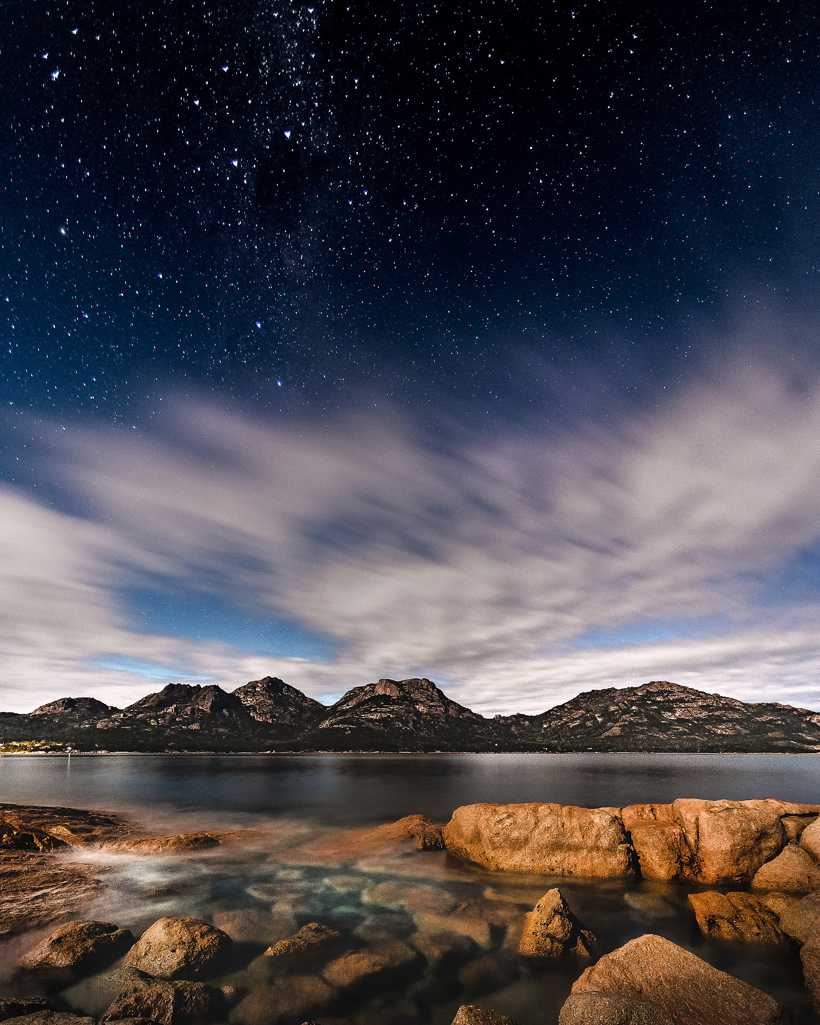 Nikon D600 + Nikon AF Nikkor 14mm F2.8D ED sample photo. Coles bay by moonlight photography