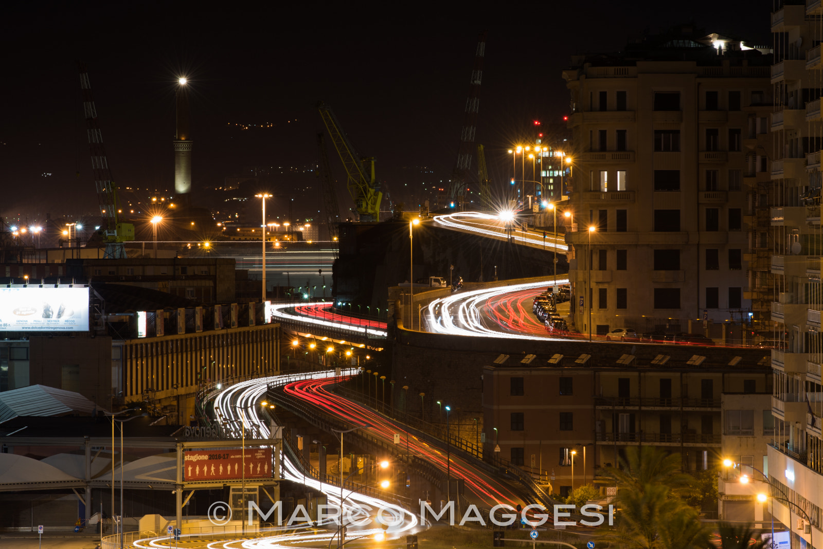 Nikon D810 + Nikon AF-S Nikkor 300mm F4D ED-IF sample photo. Genova by night: beacon, cars and ship trails photography