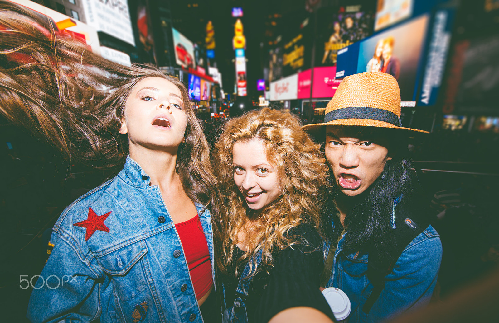 Nikon D610 + Sigma 12-24mm F4.5-5.6 II DG HSM sample photo. Three friends making party in time square,new york. taking selfi photography