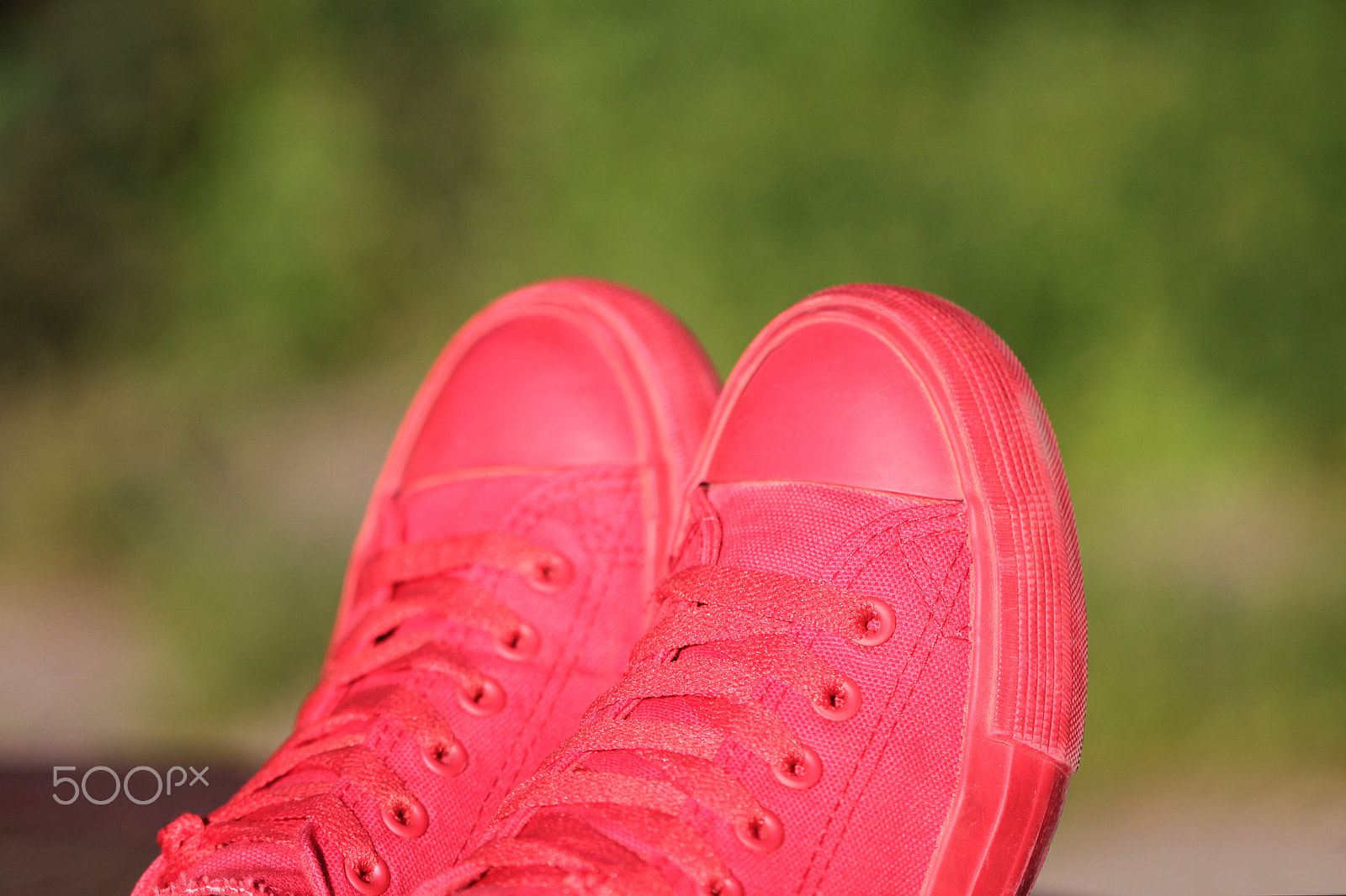 Canon EOS 550D (EOS Rebel T2i / EOS Kiss X4) + Canon EF 100mm F2.8L Macro IS USM sample photo. Red sneakers on green background photography