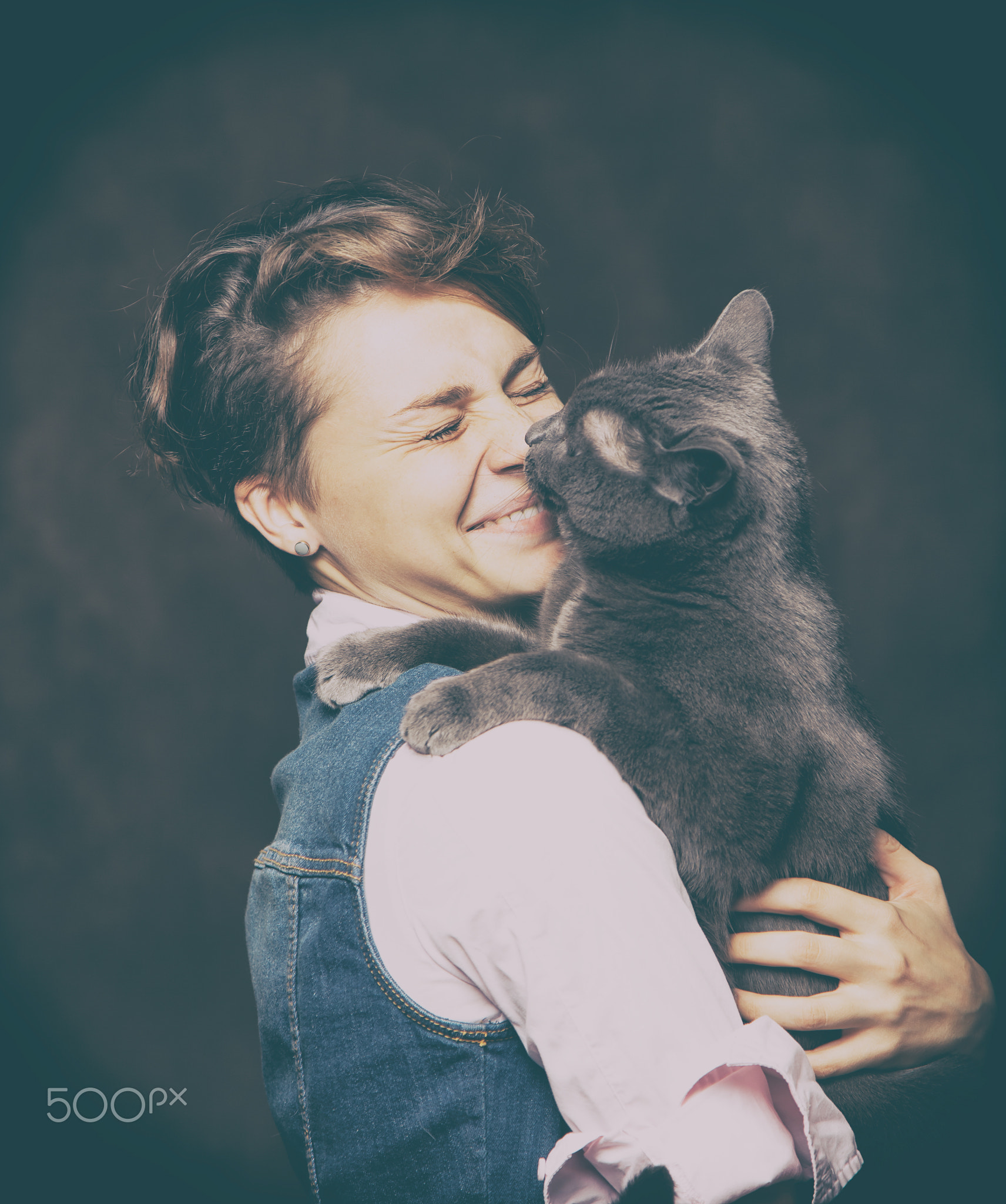 Beautiful young woman with blue Russian cat. Love for pet. Studi