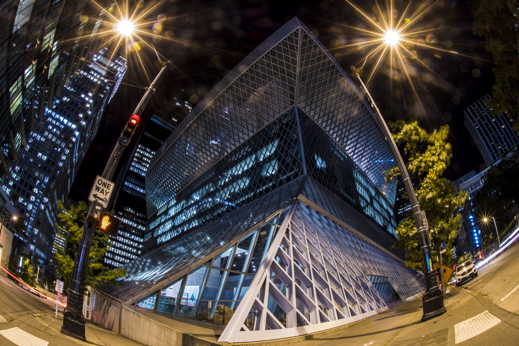 Nikon D500 sample photo. Fisheye outside the seattle central library photography