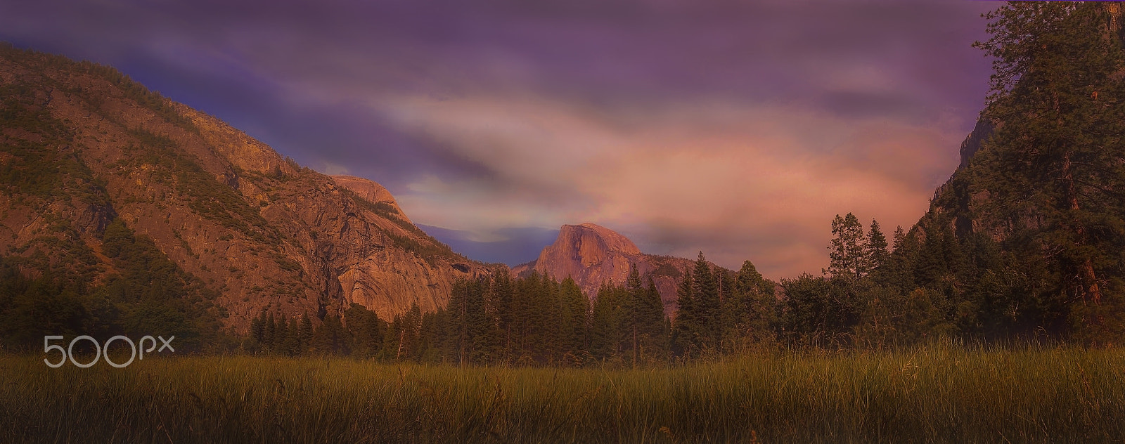 Canon EF 24-70mm F4L IS USM sample photo. Half dome field panorama dusk photography