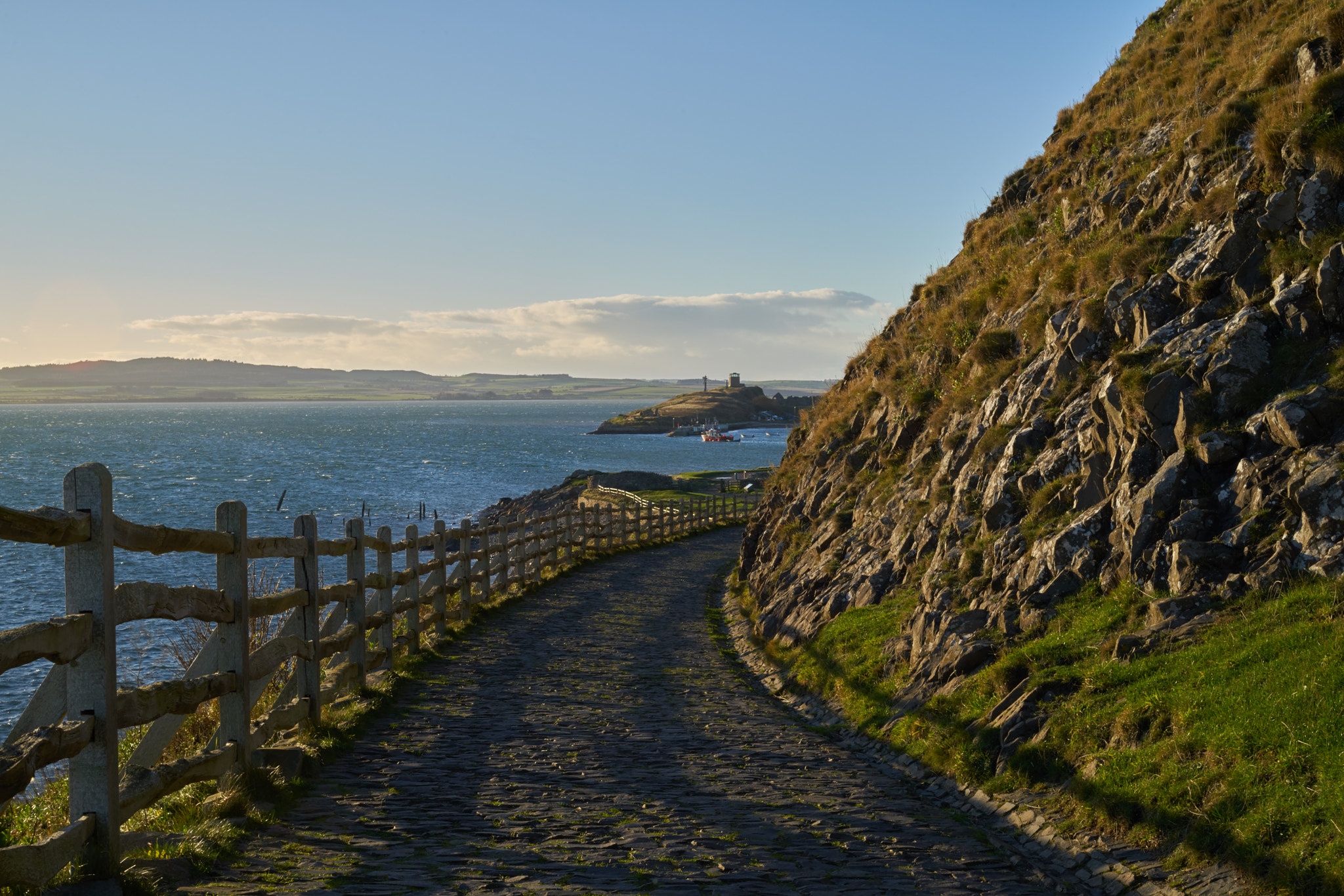 E 50mm F2 sample photo. Lindisfarne castle path photography
