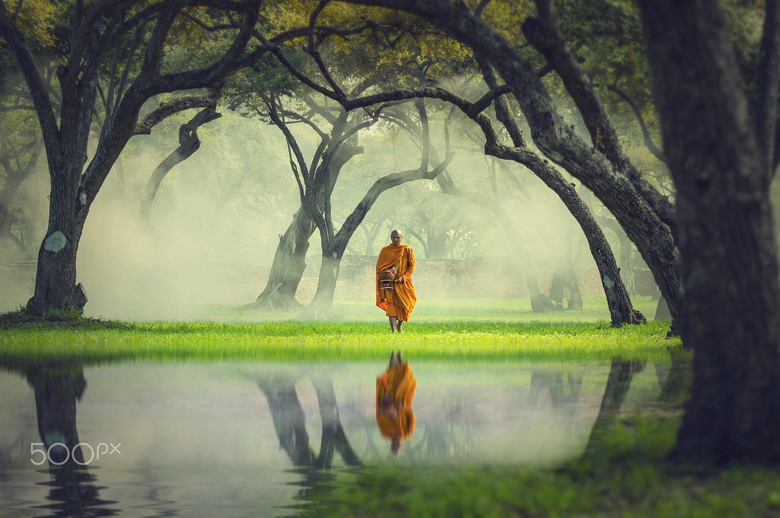 Pentax K-3 II sample photo. Monk hike in deep forest reflection with lake, buddha religion c photography