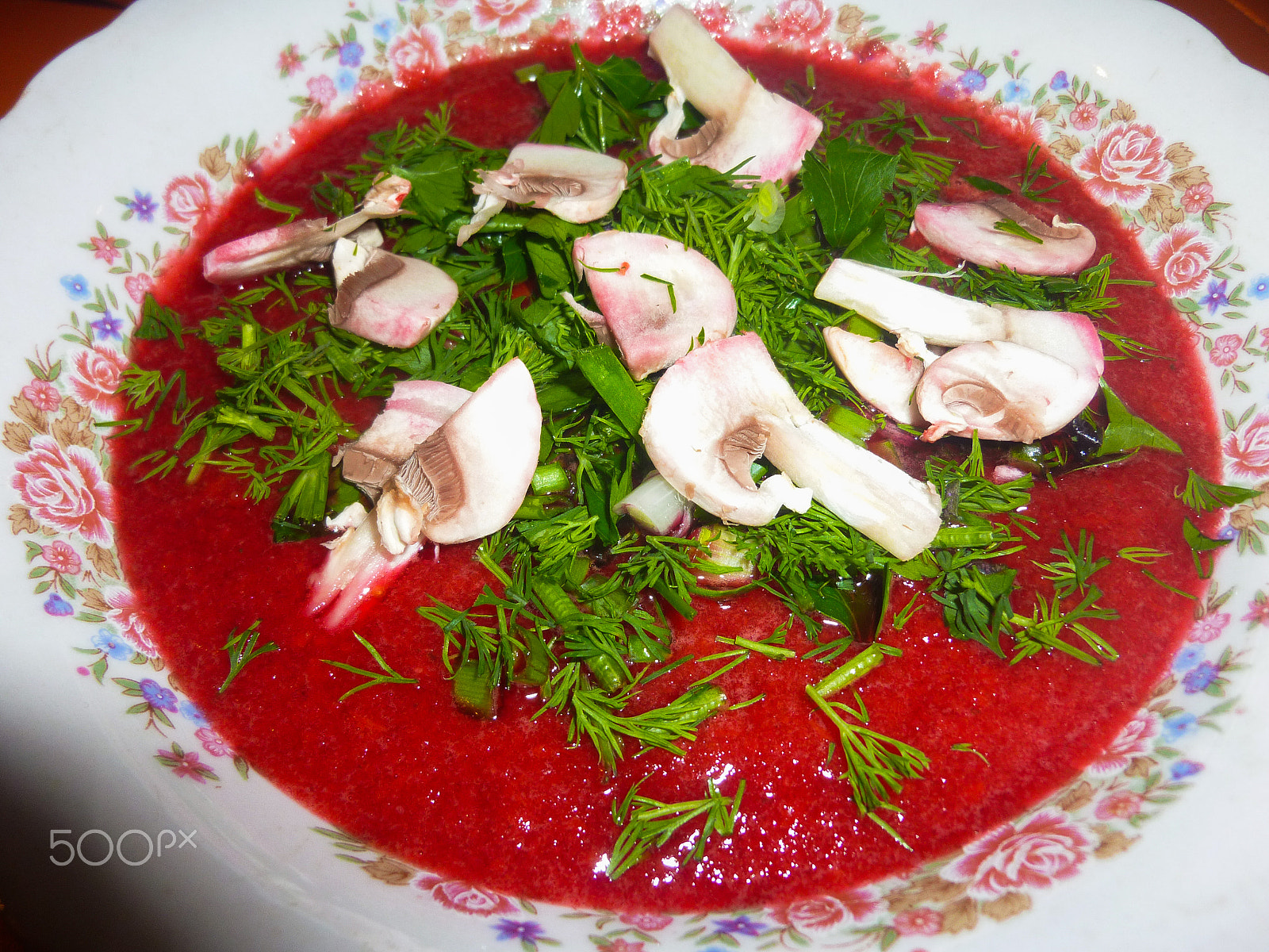 Panasonic DMC-ZX1 sample photo. Fresh raw tomato soup with champignons, close up photography