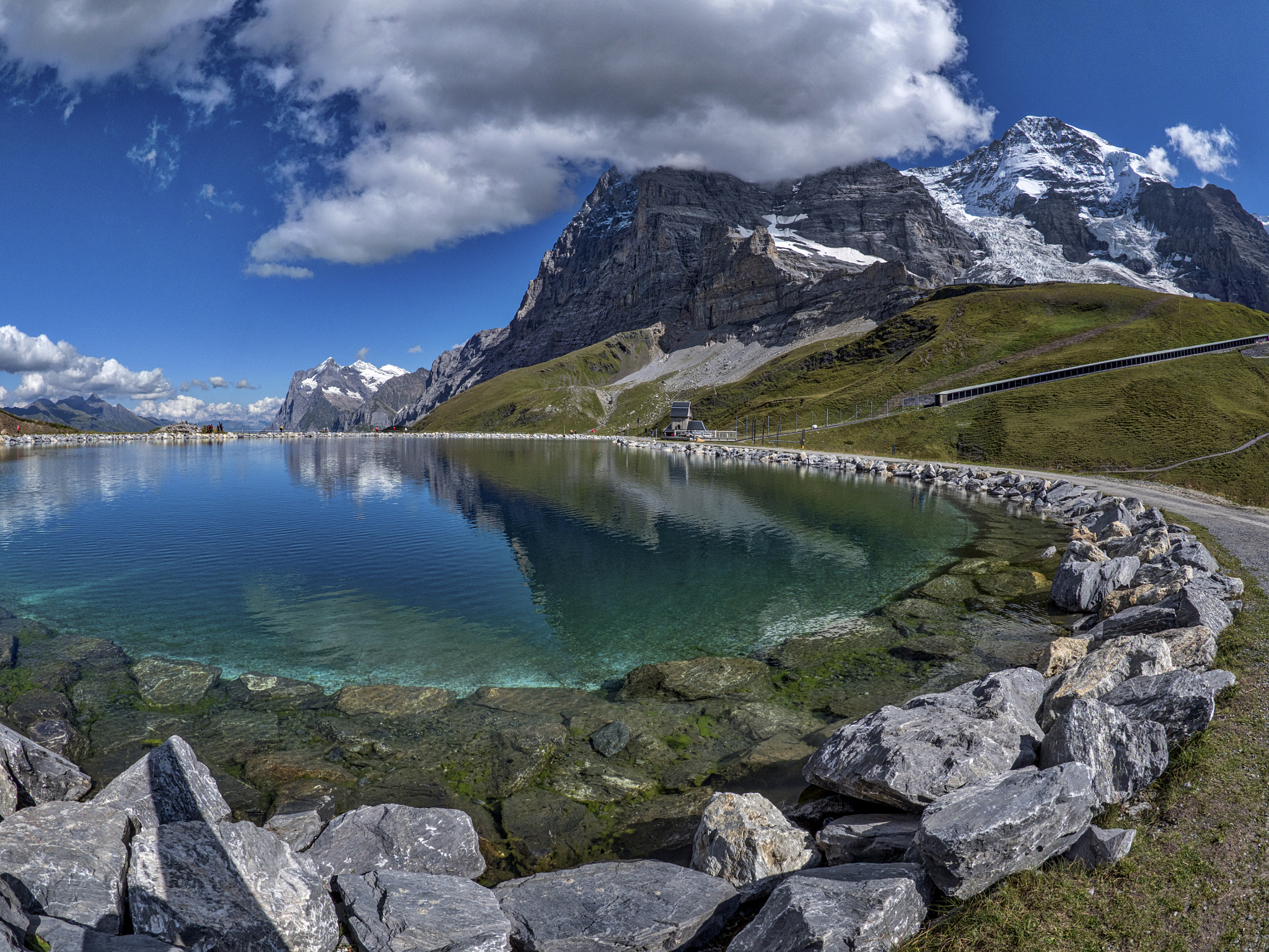 Panasonic Lumix DMC-GH4 + LUMIX G FISHEYE 8/F3.5 sample photo. Fallbodensee and eiger in swiss alps photography