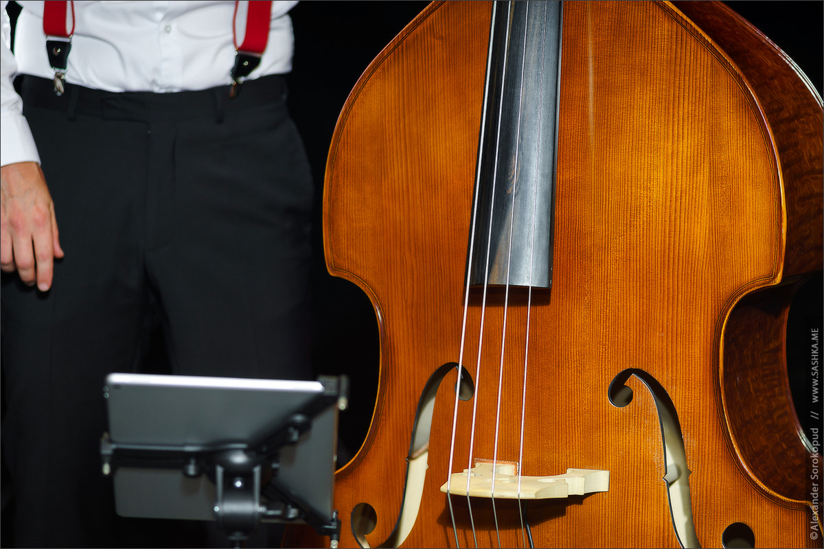 Sony a99 II sample photo. Big bass viol on the scene before the concert photography