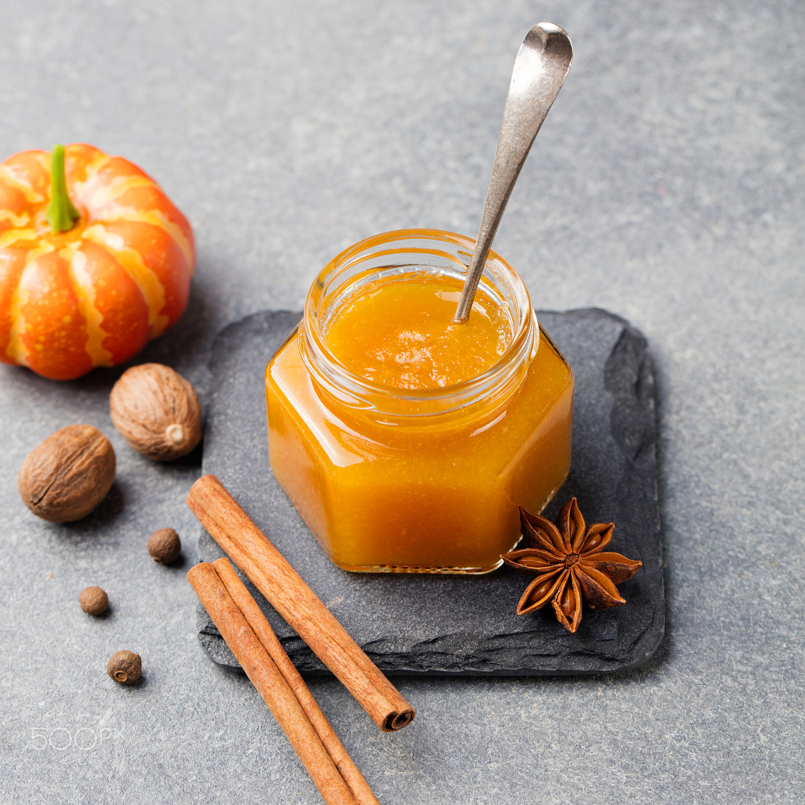 Canon EOS 5DS sample photo. Pumpkin confiture, jam, sauce with spices on stone table top view photography